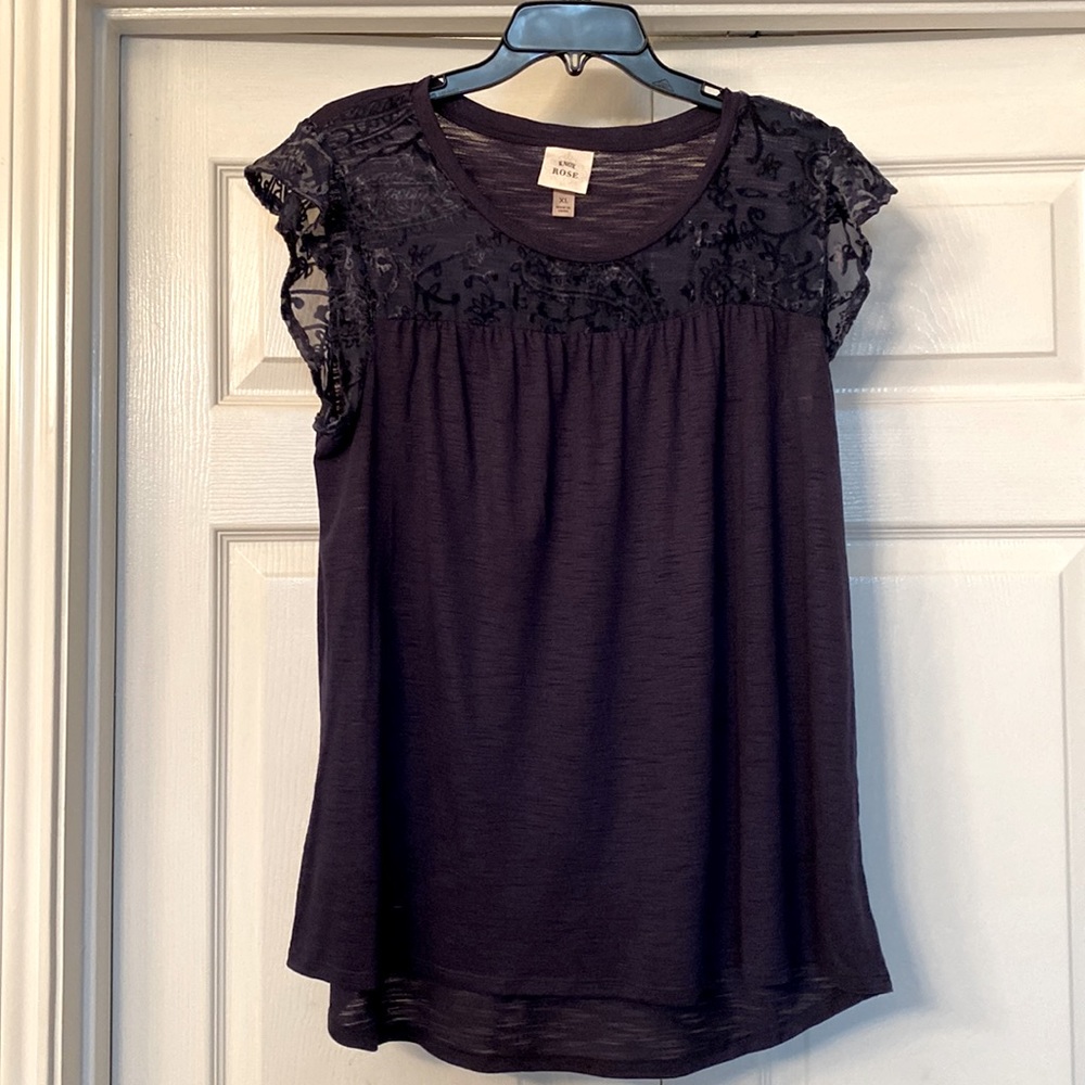 Knox Rose Black Lace Yoke Short Sleeve Blouse